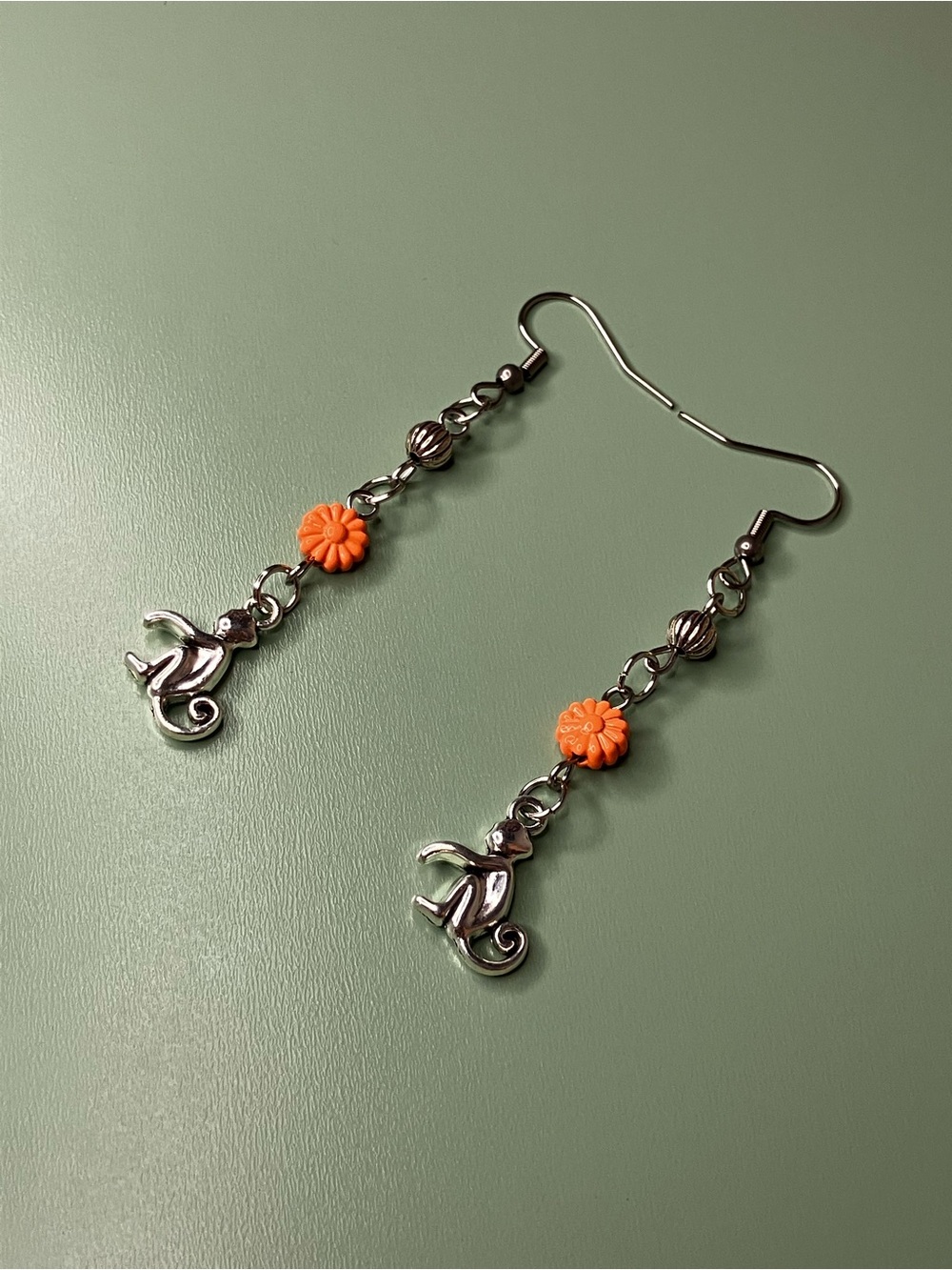 Handmade Silver Tone Monkey Dangle Earrings with Orange Flower Beads - Picture 4 of 5
